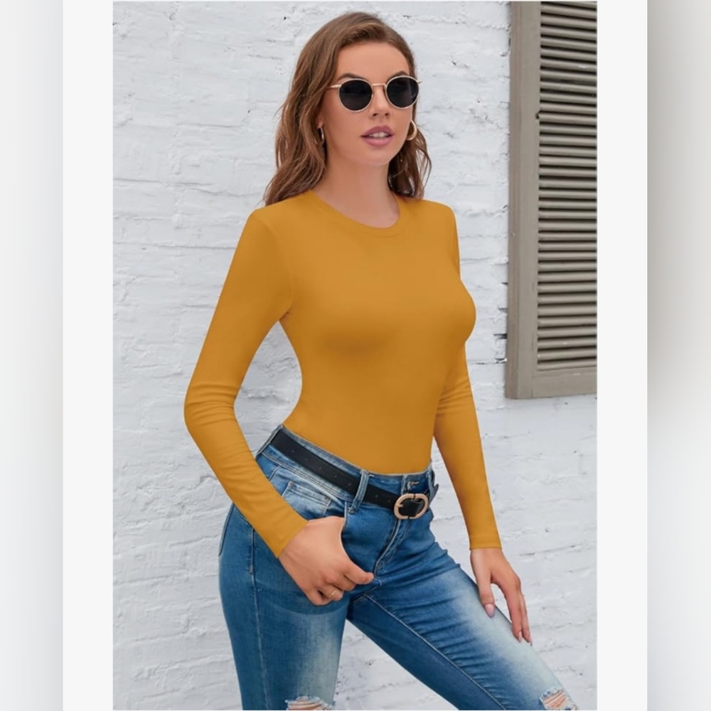 SHEIUGU Women’s Long Sleeve Crew Neck Golden Yellow Bodysuit Size S